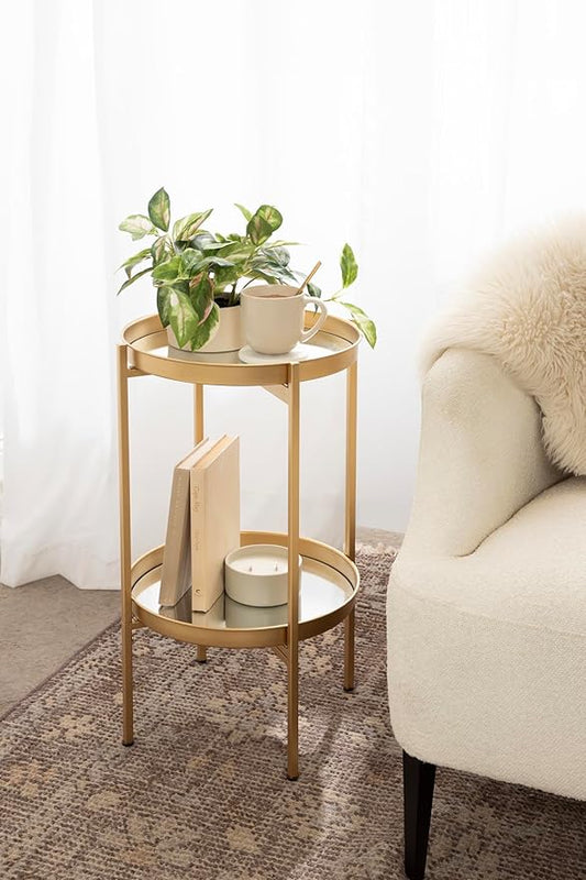Kate and Laurel Celia Round Metal Foldable Tiered Side Table; 16 x 26; Gold; Modern Accent Table with Mirrored Magnetic Tray Tabletops and Space-Saving Folding Base