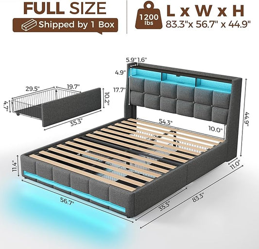 Rolanstar Full Size Bed Frame with RGB LED Lights & Charging Station, Upholstered Storage Headboard with 4 Drawers, Heavy Duty Metal Frame, No Box Spring Needed, Easy Assembly
