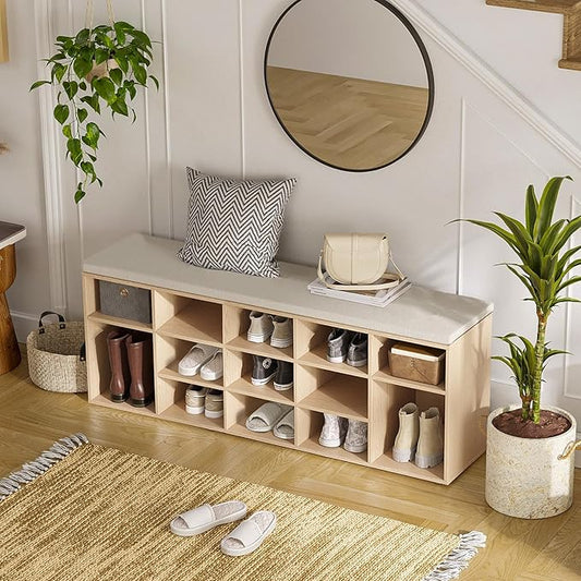 DINZI LVJ Shoe Storage Bench with Cushion, 13-Cubby Shoe Rack, Adjustable Shelves, Multifunctional Shoe Organizer Bench for Entryway, Mudroom, Hallway, Living Room, Bedroom and Garage, Natural