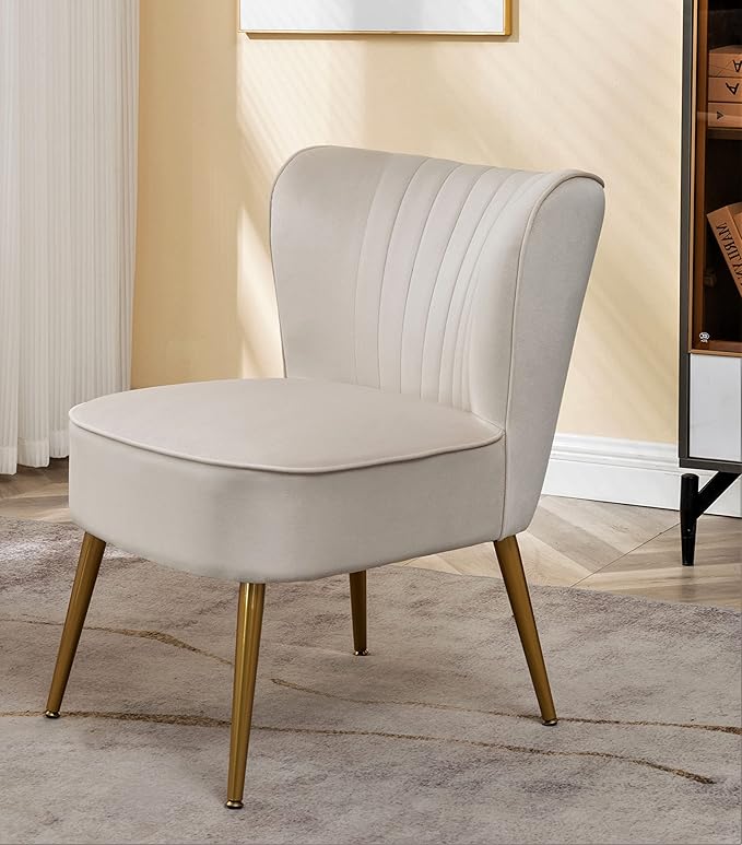 Modern Velvet Accent Chair for Living Room, Bedroom, or Entryway, Stylish and Comfortable Armless Design with Metal Legs, Ivory