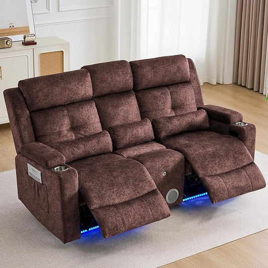 RV Power Loveseat Recliner Sofa with Console|RV Reclining Loveseat with Bluetooth Speaker & LED Light | RV Wall Hugger Double Recliner Loveseat Sofa 3 Pillows (Velvet Brown) | LED Light, Electric Tilt, Hidden Storage, Comfy Velvet