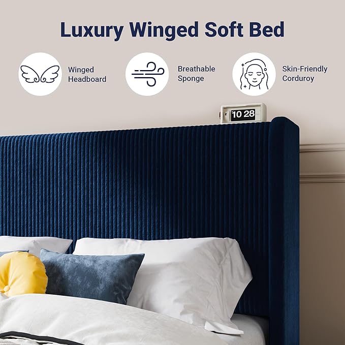 SHA CERLIN King Size Corduroy Upholstered Platform Bed Frame with Vertical Channel Tufted Wingback Headboard, 8" Under Bed Storage, Wooden Slats & Metal Frame Support, Easy Assembly, Dark Blue