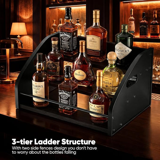 Countertop Liquor Bottle Organizer Shelf – Rustic Display Rack for Wine & Coffee Syrups, Freestanding Bar and Kitchen Storage with Easy-Carry Handles (3-Tier)