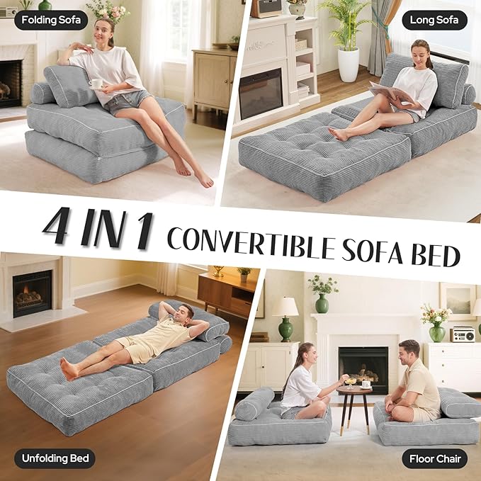 HABUTWAY Folding Sofa Bed, Convertible Sleeper Chair Bed w/Dual-Pillow & Handle, Foldable Floor Sofa Lounge w/Back Support for Living Room, Bedroom, Apartment, Office, Single, Light Grey