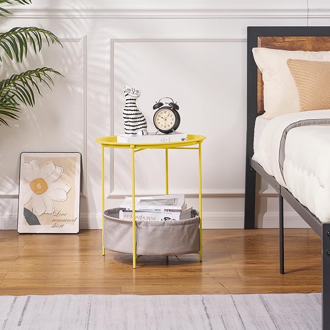 VECELO Round Side/End Table with Fabric Storage Basket,Metal Anti-Rust and Waterproof Small Bedside Nightstand with Removable Tray Top for Living Room,Balcony & Laundry,Yellow /1pcs with Basket