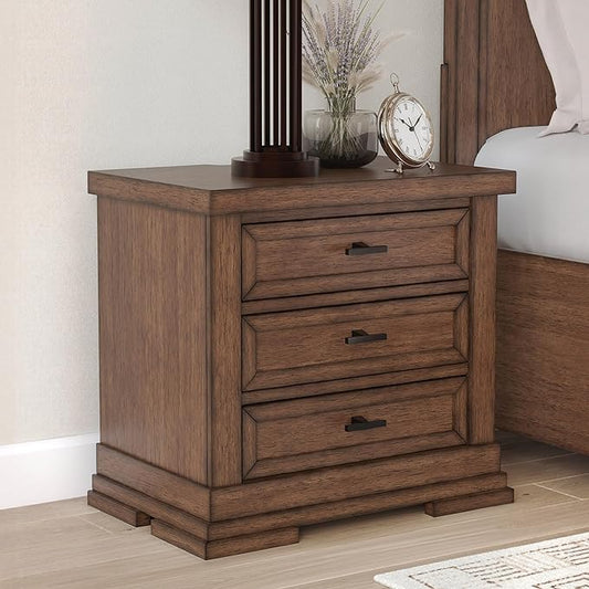 Signature Design by Ashley Taffenbrook Farmhouse 3-Drawer Nightstand with Felt-Lined Top Drawer, Power Supply and USB Ports, 28.5" W x 18.25" D x 26.5" H, Dark Brown