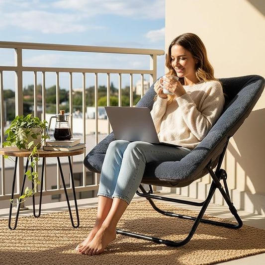 Comfy Folded Chair, Soft Faux Fur Oversized Folding Chair, Flexible Lazy Chair for Kids Girls Teens Adults, Metal Frame Moon Chair for Dorm Rooms, Bedroom, Living Room