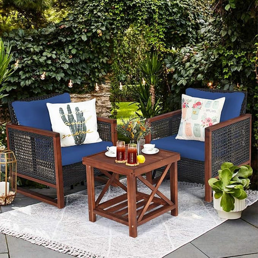 Tangkula 3 Pieces Patio Wicker Furniture Set, Rattan Outdoor Sofa Set w/Washable Cushion & Acacia Wood Coffee Table, Conversation Bistro Set for Garden Balcony Backyard (Blue)
