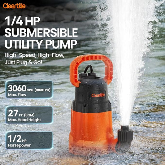 Cleartide Submersible Sump Pump, 1/2 HP Utility Water Pump for Pool Draining, Hot Tub, Basement, Electric Drain Pump Handles 3/8" Solids, 10 FT Cord