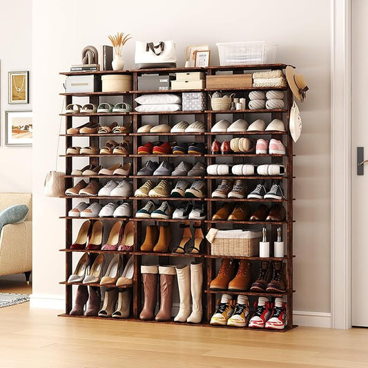 HOMEFORT 10-Tier Vertical Shoe Rack, Corner Shoe Tower, Double Rows 10 Tiers Shoe Shelf, Slim Shoe Storage Unit for 20 Pairs of Shoes, Shoe Stand for Entryway, Hallway, Closet (Rustic Brown)