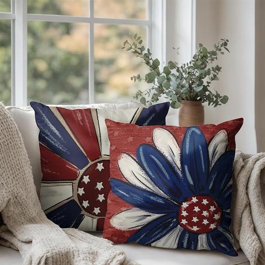 4th of July Patriotic Pillow Covers 18x18 Set of 2 Red White Blue Flower Stars Fourth of July Decorative Pillow Cases Independence Memorial Day Outdoor Cushion Cover for Home Couch Sofa