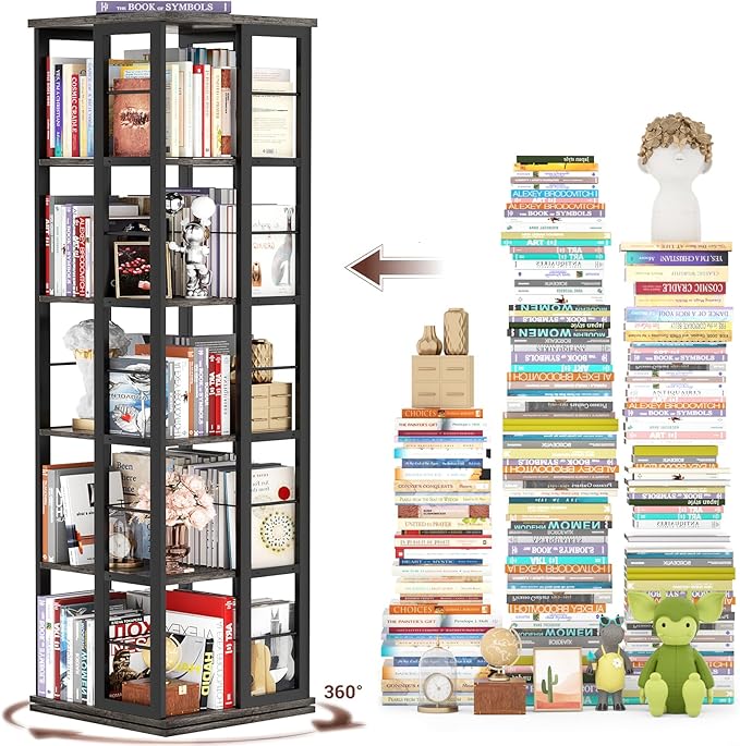 Aheaplus Rotating Bookshelf, Corner Bookcase, 360 Display Wood Spinning Bookshelves, Floor Standing Bookcase Narrow Shelf,5 Tiers, Grey Oak