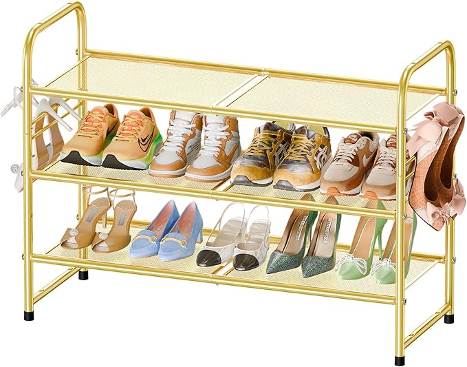 SUFAUY Shoe Rack for Closet, 33 inch Metal Shoe Shelf Heavy Duty, 3 Tier Mesh for Shoes, Gold