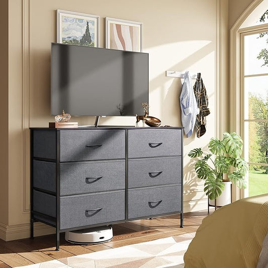 WLIVE Dresser for Bedroom with 6 Drawers, Wide Dresser TV Stand for 50 Inches TV, Gray Dresser with Metal Frame, Wooden Top, Fabric Dressers for Bedroom, Living Room, Hallway, Dark Gray