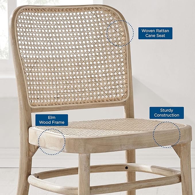 Modway Winona Elm Wood Cane Rattan Seat, Dining Side Chair - Set of 2, Gray