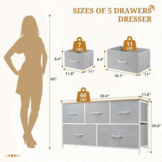 Dresser with 5 Drawers for Bedroom, Fabric Clothes Cabinet for Closet, Anti-Tip TV Stand for 45" TV, Storage Dresser with Metal Frame for Living Room, Entryway, Dorm, Light Grey
