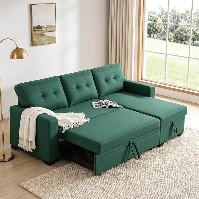 Pull Out Couch, L Shaped Sectional Couch with Pull Out Bed, Convertible Sofa Bed with Storage Chaise, Twin Size Sleeper Sofa, Sofa Bed Couch, Sleeper Sofa with Storage, Green