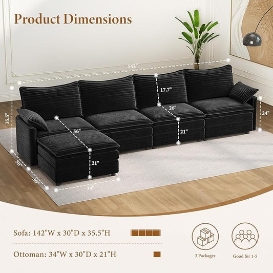 Vesgantti 142" Cloud Couch Sectional Modular Sofa, Comfy Sectional Couch with Ottoman Deep Seat Corduroy L Shaped Sofa, Modular Couches for Living Room, Bedroom and Apartment, Black | Sink-in Comfort, Height Adjustable, Easy Rearrangement, Extra-deep O...