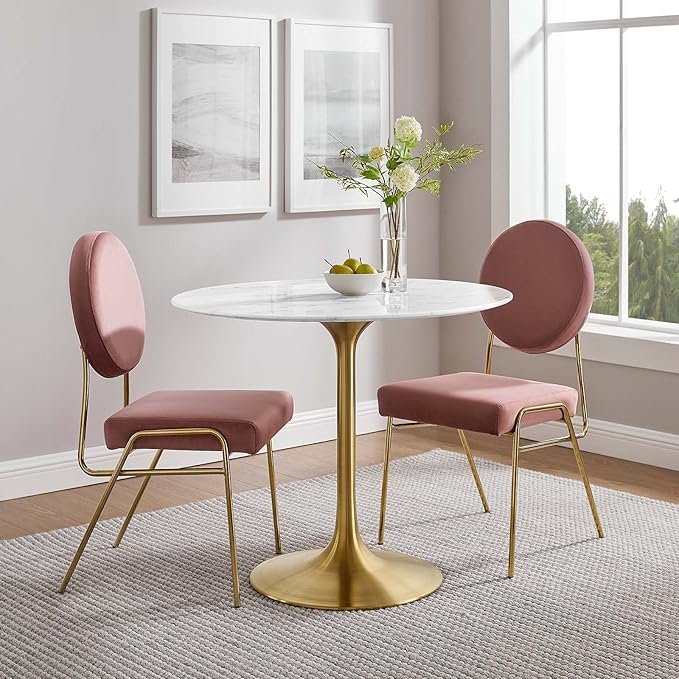Modway Lippa 36" Mid-Century Dining Table with Round Artificial Marble Top in Gold White