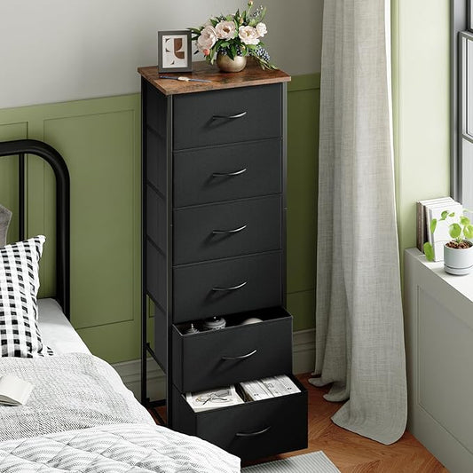 Somdot Tall Dresser for Bedroom with 6 Drawers, Storage Organizer Chest of Drawers with Removable Fabric Bins for Closet Bedside Living Room Laundry Entryway Hallway, Black Rustic Brown