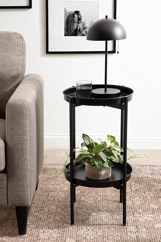 Kate and Laurel Celia Round Metal Foldable Tiered Side Table; 16 x 26; Black; Modern Accent Table with Removable Magnetic Tray Tabletops and Space-Saving Folding Base