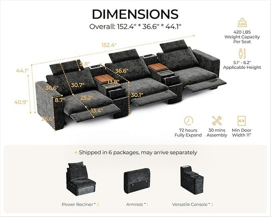 152.4" Power Recliner Sofa Wall Hugger, Modular Cloud Sectional Reclining Couch with Headrest, Storage Drawer Cup Holder, 3-Seater with 2 Consoles for Home Theater Living Room, Chenille, Black