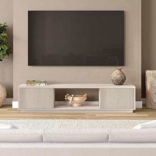 Henn&Hart Fluted TV Stand for TVs up to 78" with 2 Ribbed Side Storage Cabinets and Open Center Storage for Living Room, Family Room, or Office, Beech White