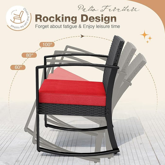 Greesum 3 Piece Patio Furniture Set, All-Weather Imitation Rattan Conversation Set, Outdoor Rocking Chair Bistro Set with Glass Top Coffee Table for Pool, Deck, Porch, Garden or Balcony, Red