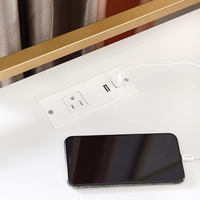 Claudette Solid Wood and Metal Nightstand with Drawer and USB-C Fast Charging Station, White and Gold, Perfect for Bedrooms, Living Rooms, and Offices – Leick Home, 9069-WT