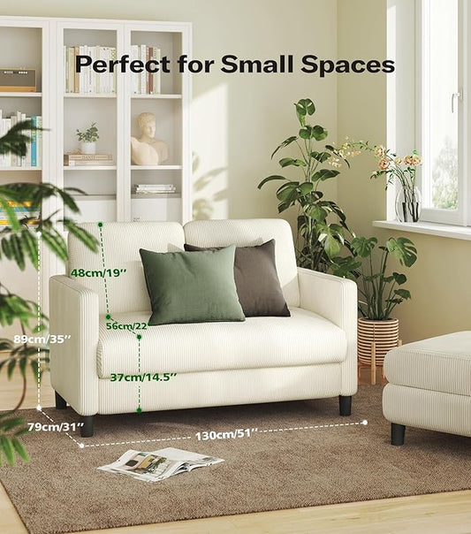 Welzona Loveseat Sofa, 51" Love Seat, Comfy Corduroy Small Loveseat for Small Spaces, Tool-Free Setup Couch for Bedroom, All-Wood Couches for Living Room, No Pillow Included, Beige