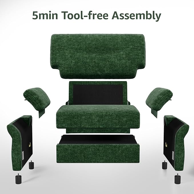 Oversized Accent Chair, 44.5 Inch Green Chenille Fabric Armchair, Comfy Single Sofa Chair with Padded Arms & Pocket Spring Cushion, Modern Reading Chair for Living Room, Bedroom