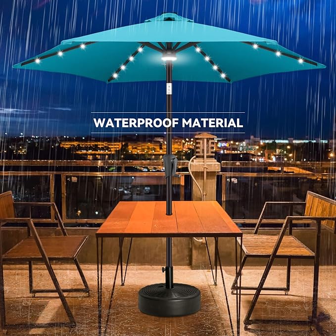 7.5ft Solar Umbrella Outdoor - Lighted Solar Patio Umbrella with 24 LED Lights Waterprool UV Protection, Table Umbrella with Tilt for Pool, Porch, Garden, Deck, Backyard (Aqua Blue)