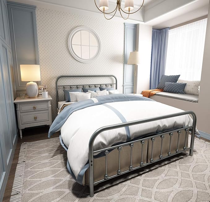 NEEBIRGELIA Metal Bed Frame Queen Size with Headboard and Footboard Single Platform Mattress Base,Metal Tube and Iron-Art Bed(Queen,Gray Silver)