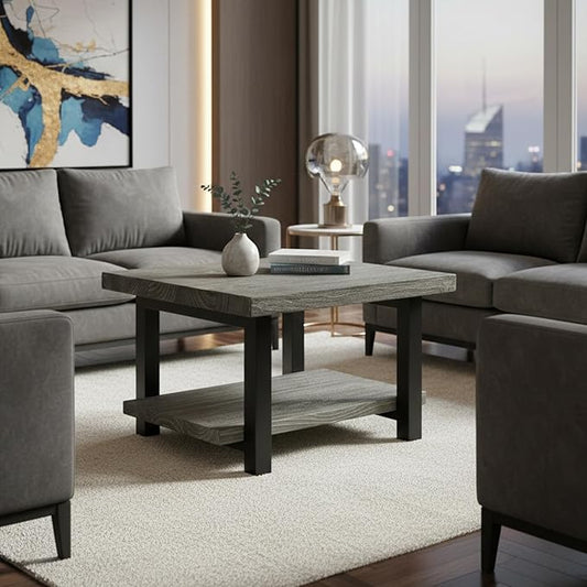 Alaterre Furniture Pomona Living Room Collection – 27 Inch Square Solid Wood Coffee Table with Metal Legs – Modern Rustic Industrial Small Space Table (Slate Grey)