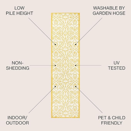 JONATHAN Y Vintage Filigree Indoor Outdoor Runner Rug 2X10 Cream/Yellow, Madrid Textured Weave for Backyard, Patio, Porch, Easy-Cleaning, High Traffic, Pet-Friendly, Non-Shedding (SMB107D-210)