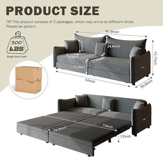 KEIKI 81.9" 3-in-1 Convertible Sofa Bed, Modern Velvet Sleeper Couch with Reinforced Frame, Pull Out Futon Sofa for Apartments, Guest Rooms, Dorms, Studios & Small Living Spaces