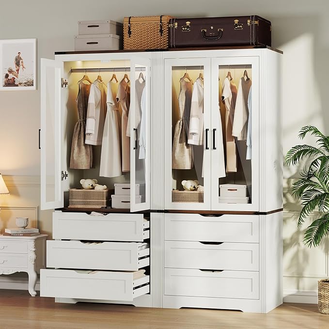 Concho 73'' Tall Farmhouse Armoire Wardrobe Closet with LED Light, Wood Wardrobe Closet with 2 Doors 3 Drawers, Freestanding Bedroom Armoire Clothing Storage Cabinet, White