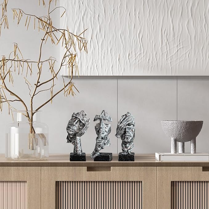 3 Pcs Thinker Statue, Silence is Silvery Abstract Art Figurine, Modern Home Resin Decorative Objects Decor for Home Office Bookshelf Desktop,No Hear No See No Speak Knick Knacks