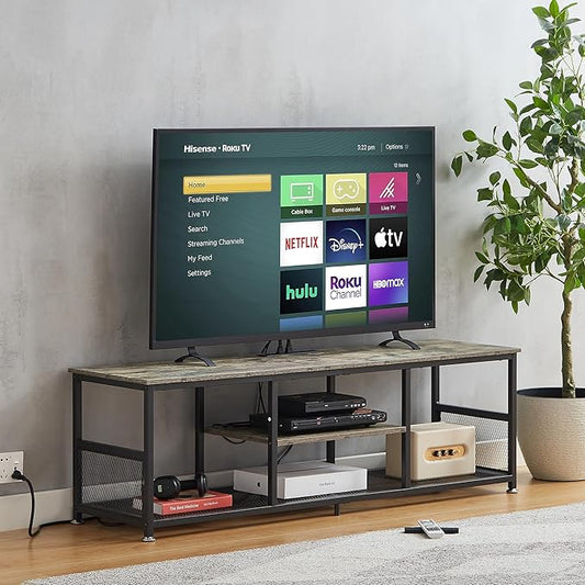 VECELO TV Stand with Power Outlets for Televisions up to 65Inch, 55" Media Entertainment Center with Charging Station 3-Tier Open Storage Shelves with Metal Frame for Living Room/Bedroom,Grey