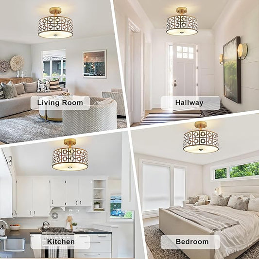DLLT Flush Mount Ceiling Light: Modern 3-Light Semi Flush Mount Light Fixture - Drum Kitchen Lighting Fixture for Dining Room - Gold Bedroom Ceiling Lamp with Double Shade