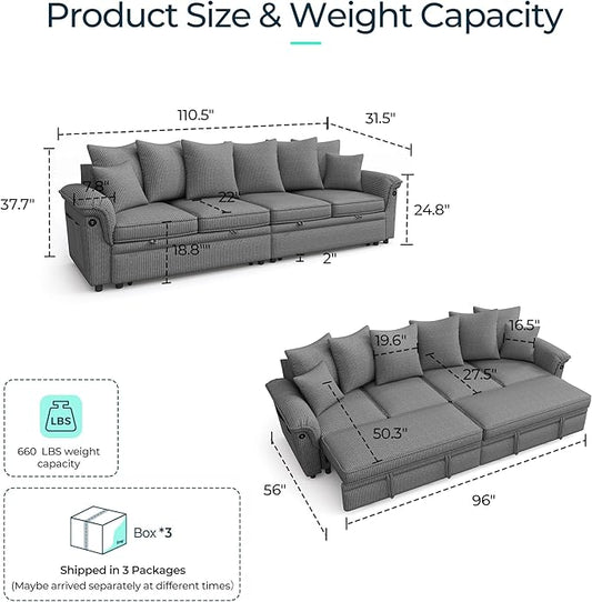 LINSY HOME Oversized Sectional Sleeper Sofa with Pull Out Couch Bed (Gray, 110.5'') | USB Charging, Pillow-style Armrest, Multiple Cushions, Modular Sofa, Corduroy Fabric