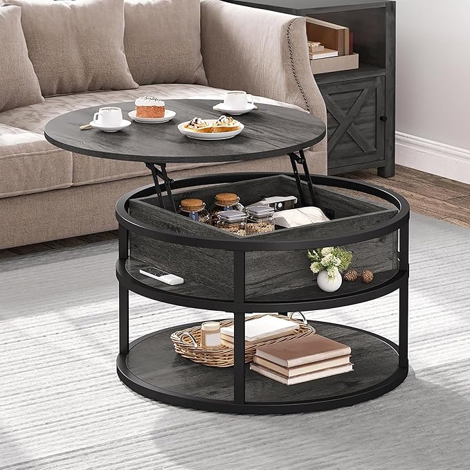 YITAHOME Round Lift Top Coffee Tables for Living Room, Farmhouse Coffee Table with Storage and Hidden Compartment, 2 Tier Modern Large Coffee Table Round Dining Table, Dark Grey