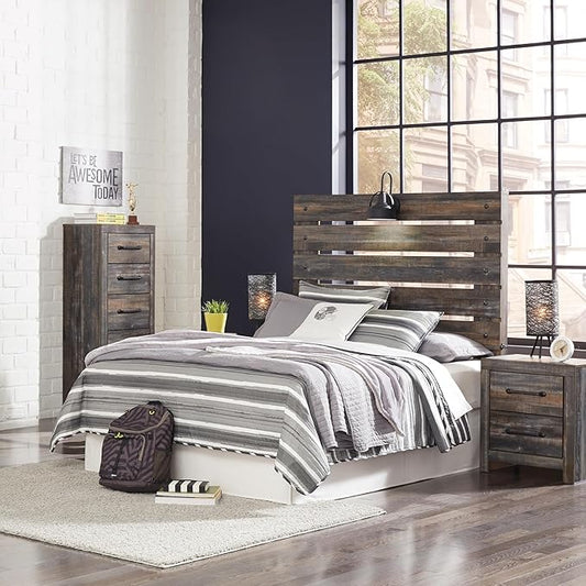 Signature Design by Ashley Drystan Rustic Full Panel Bed, Sconce LED Lights, USB Ports and Nailheads, Foundation or Box Spring Needed, Dark Brown & Gray