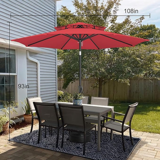 9FT Outdoor Patio Umbrella - 2 Tiers Table Umbrella Waterprool UV Protection, Sombrillas de Patio with Push Button Tilt, Sun Umbrella for Pool, Porch, Garden, Backyard (Red)
