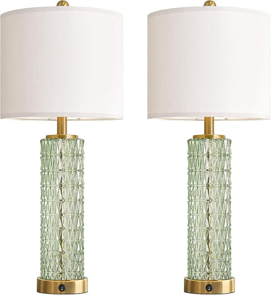 Oneach 27.75" Modern Table Lamps Set of 2, Green Bedside Lamp with Glass Nightlight, USB A+C, Unique Desk Lamps for Living Room, Bedroom, Nightstand, End Table (2 Bulbs Included)
