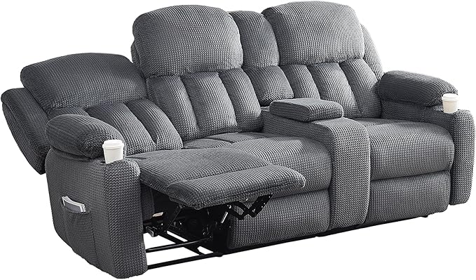 Jocisland Manual Recliner Couch, 3 Seater Reclining with Cup Holders, Console with Charging Socket, Comfy Recliner Sofas for Living Room (Grey)