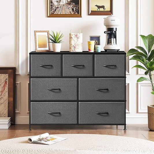 7-Drawer Dresser for Bedroom, Anti-Tip Wide Storage Organizer Fabric Chest of Drawers TV Stand for 45" TV with Wooden Top and Metal Frame for Closet, Living Room, Hallway, Entryway, Gray