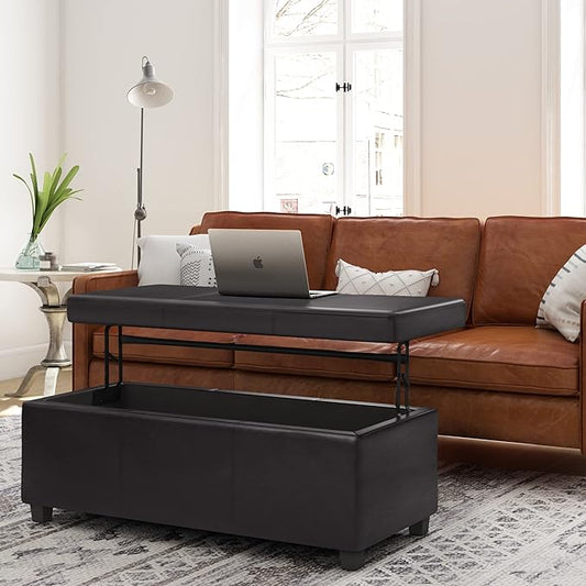SIMPLIHOME Avalon Lift Top Rectangular Storage Ottoman - 44 inch Wide Upholstered Vegan Leather Lift-Top Ottoman in Tanners Brown, Contemporary Coffee Table Ottoman for Living Room with Hidden Storage