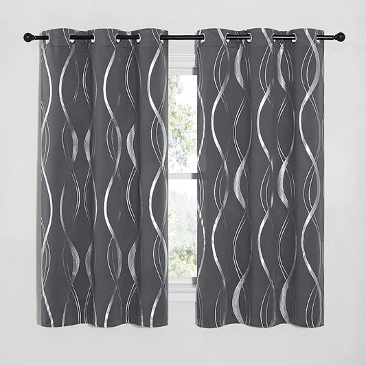 NICETOWN Small Living Room Blackout Curtains 63 inch length, 42 x 63 Grey Dorm Window Treatment Thermal Insulated Grommet Room Darkening Wave Line Foil Print Design Drapes for Kitchen, Loft (Set of 2)