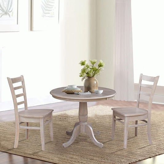 IC INTERNATIONAL CONCEPTS 36" Round Extension Solid Wood Table with 2 Emily Chairs in Washed Gray Taupe